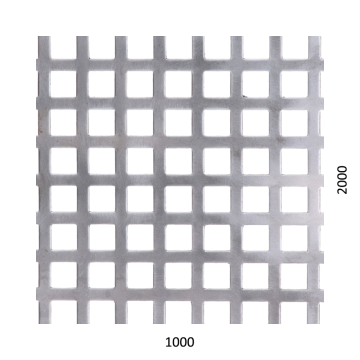 Děrovaný plech čtvercový řadový Zn, otvor: 10 x 10 mm, rozteč: 14 mm, (1000x2000x1,0 mm)