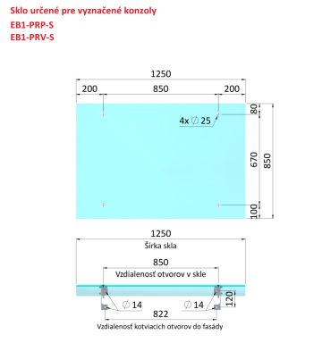 Transparentní ESG / VSG sklo, rozměr 850x1250mm, tloušťka: 10.76mm s fólií a výřezy na držáky EB1-PRJ, průměr díry ø25mm