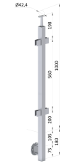 Nerezový sloup, boční kotvení, výplň: sklo, průchozí, vrch pevný, (40x40 mm), broušená nerez K320 / AISI304
