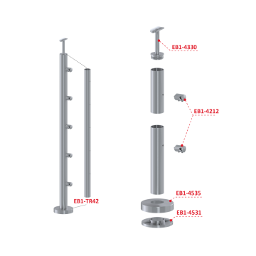Nerezový sloup, vrchní kotvení, 5 řadový průchodný, vrch pevný, (ø42,4x2 mm), broušená nerez K320 / AISI304