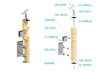Dřevěný sloup, boční kotvení, výplň: sklo, koncový, levý, vrch nastavitelný (40x40mm), materiál: buk, broušený povrch s nátěrem BORI (bezbarvý)