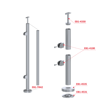 Nerezový sloup, vrchní kotvení, výplň: sklo, levý, vrch pevný (ø42,4x2 mm), broušená nerez K320 / AISI304
