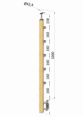 Dřevěný sloup, boční kotvení, 5 řadový, průchozí, vnitřní, vrch pevný (40x40mm), materiál: buk, broušený povrch bez nátěru
