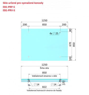 Transparentní ESG / VSG sklo, rozměr 850x1250mm, tloušťka: 10.76mm s fólií a výřezy na držáky EB1-PRJ, průměr díry ø25mm