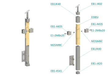 Dřevěný sloup, boční kotvení, výplň: sklo, průchozí, vrch nastavitelný (40x40mm), materiál: buk, broušený povrch s nátěrem BORI (bezbarvý)