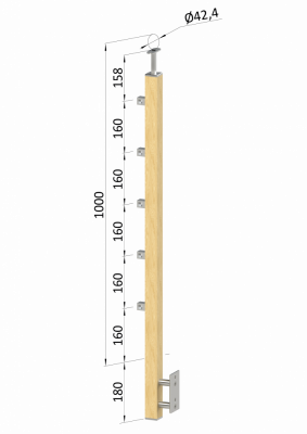 Dřevěný sloup, boční kotvení, 5 řadový, průchozí, vnější, vrch pevný, (40x40mm), materiál: buk, broušený povrch s nátěrem BORI (bezbarvý)