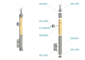 Dřevěný sloup, boční kotvení, výplň: sklo, levý, vrch nastavitelný (40x40mm), materiál: buk, broušený povrch bez nátěru