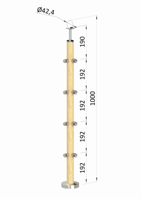 Dřevěný sloup, vrchní kotvení, 4 řadový, rohový: 90°, vrch pevný (ø 42mm), materiál: buk, broušený povrch s nátěrem BORI (bezbarvý)