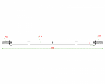 Táhlo pro kotvení skleněného přístřešku (ø10 mm, L:940 mm, závit:M10, L10), broušená nerez K320 / AISI316