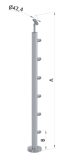 Nerezový sloup, vrchní kotvení, 6 řadový průchodný, vrch nastavitelný (ø 42,4x2 mm), broušená nerez K320 / AISI316