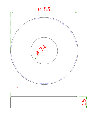 Kryt příruby (ø 85 mm) na trubku ø 33,7 mm (otvor ø 34 mm), broušená nerez K320 / AISI304