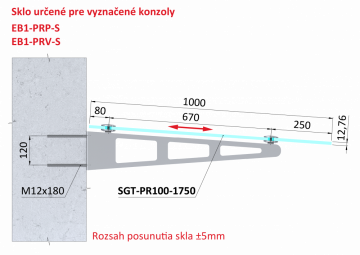 Transparentní ESG / VSG sklo, rozměr 1750x1000mm, tloušťka: 12.76mm s fólií a výřezy na držáky EB1-PRJ, průměr díry ø25mm