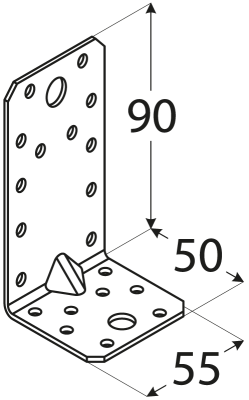 úhelník s prolisem 90x50x55mm, 2,0mm, pozink, díry průměr 5mm-20ks, 11mm-2ks