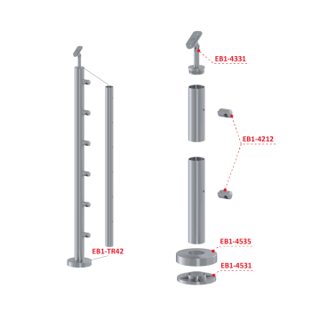 Nerezový sloup, vrchní kotvení, 6 řadový, průchodný, vrch nastavitelný, (ø 42,4x2 mm), broušená nerez K320 / AISI304