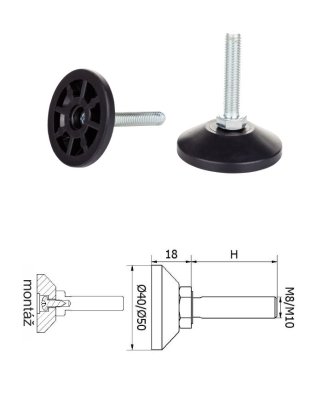 ø-40mm, M8x50mm, H-50mm, čierna,Bezkĺbová plastová nivelačná nožička, závitovo-nastavitelná.