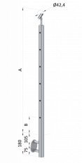 Nerezový sloup, boční kotvení, 6 děrový koncový, levý, vrch nastavitelný (ø 42,4x2 mm), broušená nerez K320 / AISI316