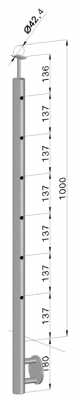 Nerezový sloup, boční kotvení, 6 děrový koncový, pravý, vrch pevný (ø42,4x2 mm), broušená nerez K320 / AISI304