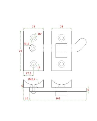 Bránový obrtlík, na trubku ø 42.4mm, L:70mm, AISI316