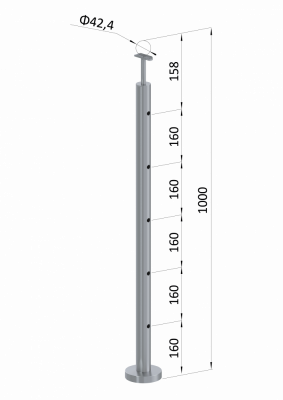 Nerezový sloup, vrchní kotvení, 5 děrový průchodný, vrch pevný (ø 42,4x2 mm), broušená nerez K320 / AISI304