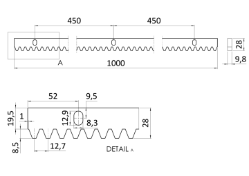 Hřeben INOX 30 x 10 mm, L = 1000 mm, M4, max. do 1900 kg, 3 x úchyt + šrouby, nerezový