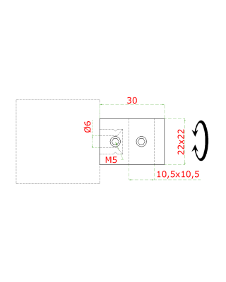 Držák čtyřhranného profilu 10x10 mm, plochý, (30x22 mm), broušená nerez K320 / AISI304
