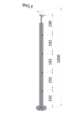 Nerezový sloup, vrchní kotvení, 4 děrový průchodný, vrch pevný (ø42,4x2 mm), broušená nerez K320 / AISI304