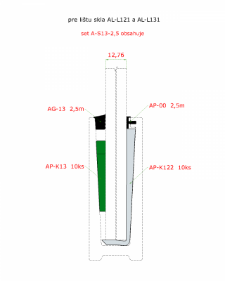 2,5 m set pro 12,76 mm sklo, k hliníkovým profilům AL-L121, AL-L131, AL-L141 a AL-L151. Obsahuje: těsnění AG-00 2,5 m, AG-13 2,5 m, podložky AP-K122 10 ks., klíny AP-K13 10 ks.