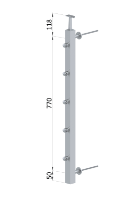 Nerezový sloup na francouzský balkón, boční kotvení, 5 řadový, pravý, vrch pevný, (40x40x2.0 mm), broušená nerez K320 /AISI304