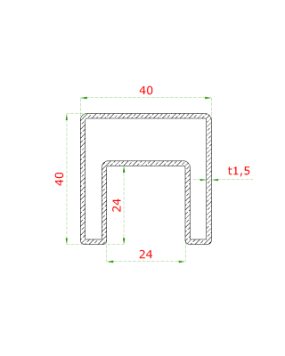 Madlo čtvercové (40x40x1.5mm /24x24mm), cena za 1ks (5m), pro sklo 8-17,5mm, bez gumových těsnění, broušená nerez K320 /AISI304