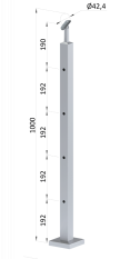 Nerezový sloup, vrchní kotvení, 4 děrový průchodný, vrch nastavitelný, (40x40 mm), broušená nerez K320 / AISI304