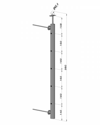 Nerezový sloup na francouzsky balkón, boční kotvení, 5 dírový, levý, vrch pevný, (ø 42.4x2 mm), broušená nerez K320 /AISI304