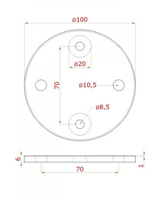 Úchyt na boční kotvení sloupu ø 42,4 mm, (kotevní deska ø 100/8,8 mm), nerez broušená K320 / AISI304