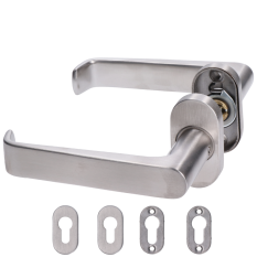 Klika nerezová (pár) včetně dolní rozety, balení: 2ks klika + 2ks dolní rozeta, příslušenství k montáži, broušená nerez K320/AISI304