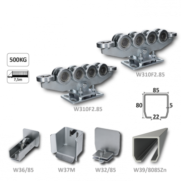 Samonosný systém 80x85x5 mm pro posuvné brány do 500 kg / 7,5 m průjezd (W39/8085Zn 6 m pozinkovaný profil, 2x W310F2.85, 1x W36/85, 1x W37M, 1x W32/85)
