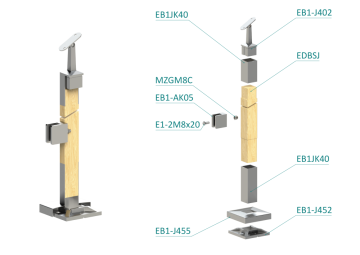 Dřevěný sloup, vrchní kotvení, výplň: sklo, levý, vrch nastavitelný (40x40mm), materiál: buk, broušený povrch bez nátěru