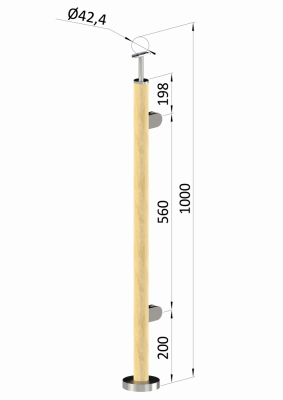 Dřevěný sloup, vrchní kotvení, výplň: sklo, pravý, vrch pevný (ø 42mm), materiál: buk, broušený povrch bez nátěru