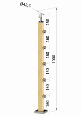 Dřevěný sloup, vrchní kotvení, 5 řadový, průchozí, vrch nastavitelný (40x40mm), materiál: buk, broušený povrch s nátěrem BORI (bezbarvý)