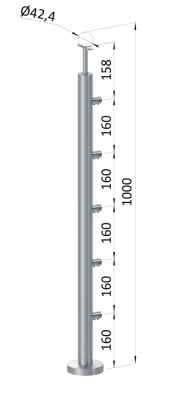Nerezový sloup, vrchní kotvení, 5 řadový průchodný, vrch pevný (ø42,4x2 mm), broušená nerez K320 / AISI316