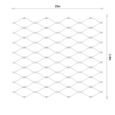 Nerezová lanková síť, 1,4m x 25m (šxd), oko 60x104 mm, tloušťka lanka 2mm, AISI316 (V nerozloženém stavu má síť 29,8m)