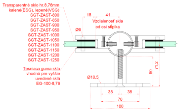 Nerezový sloup, boční kotvení, výplň: sklo, průchozí, vrch pevný (ø42,4x2 mm), broušená nerez K320 / AISI304