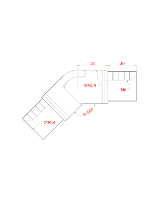 Přechod nastavitelný - koleno s kloubem (ø 42,4x1,5 mm) na madlo EB1-HM42, lepený spoj, broušená nerez K320 / AISI304