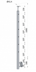 Nerezový sloup, boční kotvení, 6 děrový koncový, pravý, vrch pevný (ø 42,4x2 mm), broušená nerez K320 / AISI316
