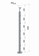 Nerezový sloup, vrchní kotvení, 5 děrový průchodný, vrch pevný (ø 42,4x2 mm), leštěná nerez / AISI304