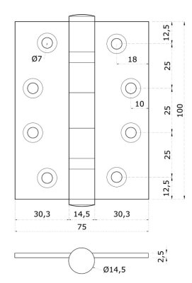 Nerezové panty 2ks, 100x75x2,5 mm, max. nosnost: 70 kg, broušená nerez K320 / AISI304