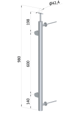 Nerezový sloup, boční kotvení, výplň: sklo, levý, vrch pevný, (ø42.4x2 mm), broušená nerez K320 /AISI304