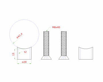 Přechod na vymezení vzdálenosti mezi sloupem ø42,4 mm a kotevní deskou, ø20x2 mm /L:15 mm, vnitřní šroub: M8x40 mm, broušená nerez K320 / AISI304, bal: 2 ks