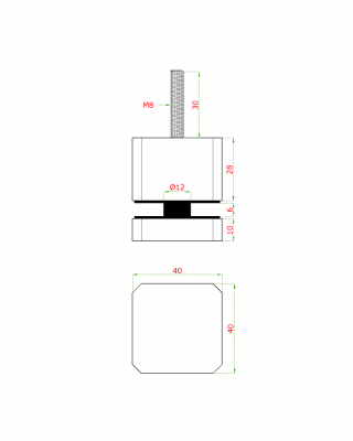 Svorka čtvercová bodová na sklo 6-16 mm plochá (40x40x28 mm / M8x70 mm), broušená nerez K320 / AISI304, balení obsahuje gumičky na sklo