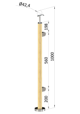 Dřevěný sloup, vrchní kotvení, výplň: sklo, pravý, vrch pevný (ø 42mm), materiál: buk, broušený povrch bez nátěru