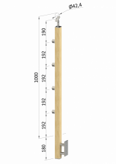 Dřevěný sloup, boční kotvení, 4 řadový, průchozí, vnější, vrch nastavitelný, (40x40 mm), materiál: buk, broušený povrch s nátěrem BORI (bezbarvý)