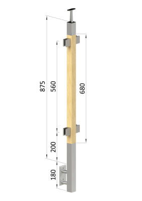 Dřevěný sloup, boční kotvení, výplň: sklo, průchozí, vrch pevný (40x40mm), materiál: buk, broušený povrch bez nátěru